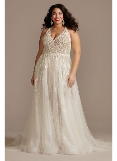 Floral Open Back Bodysuit Plus Size Wedding Dress - Perfect for the bride looking to dazzle, this