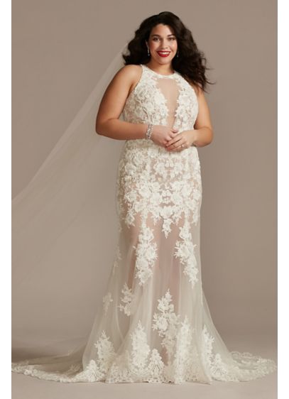 Illusion Keyhole Bodysuit Plus Size Wedding Dress - Feminine and romantic, this wedding dress is adorned