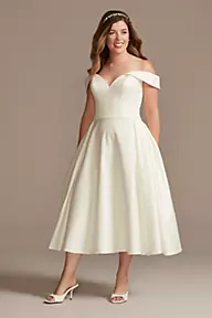 DB Studio Off the Shoulder Satin Tea-Length Wedding Dress