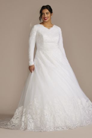 High Neck Lace Applique Modest Wedding Dress in Solid White Size: 26W David's Bridal