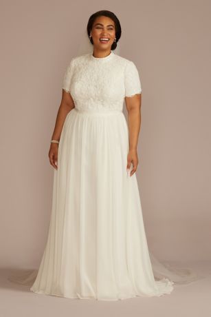 DB Studio High Neck Short Sleeve Lace Modest Wedding Dress in Ivory Size: 16W David's Bridal