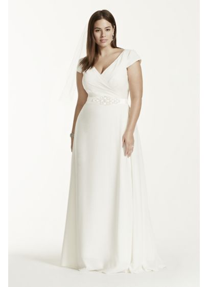 Cap Sleeve Plus Size Wedding Dress with Sash - Davids Bridal