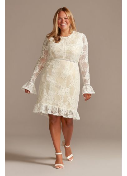 Lace Illusion Plus Short Dress with Flounce Trim - Geometric lace covers the sleeves and flounced hem
