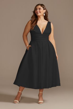 Picture of Satin V-Neck Tea Length A-Line Dress