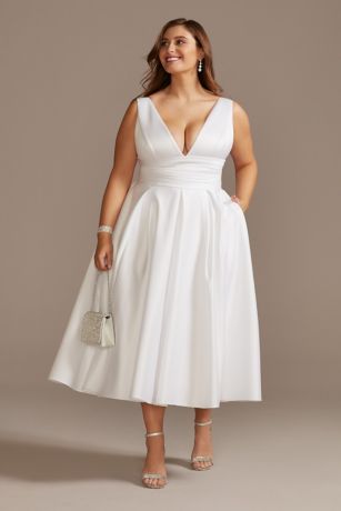 Picture of Satin V-Neck Tea Length A-Line Dress