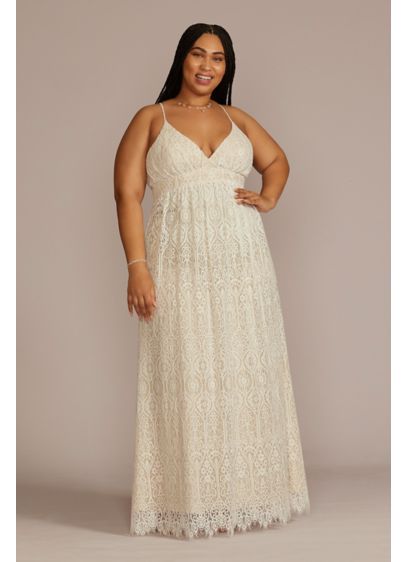 Lace V-Neck Plus Size Wedding Dress with Open - Inspire awe as you walk down the aisle