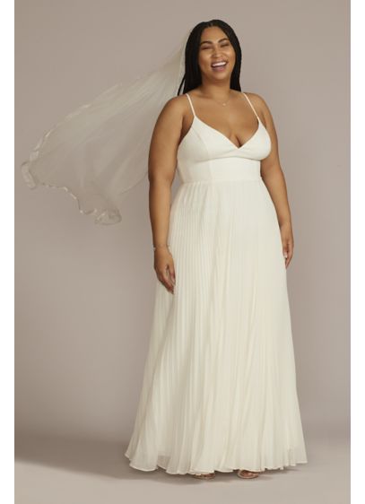 Pleated Spaghetti Strap Plus Size Wedding Dress - A modern pleated skirt elevates the classic A-line
