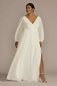 DB Studio Long Billow Sleeve Chiffon A-Line Wedding Dress