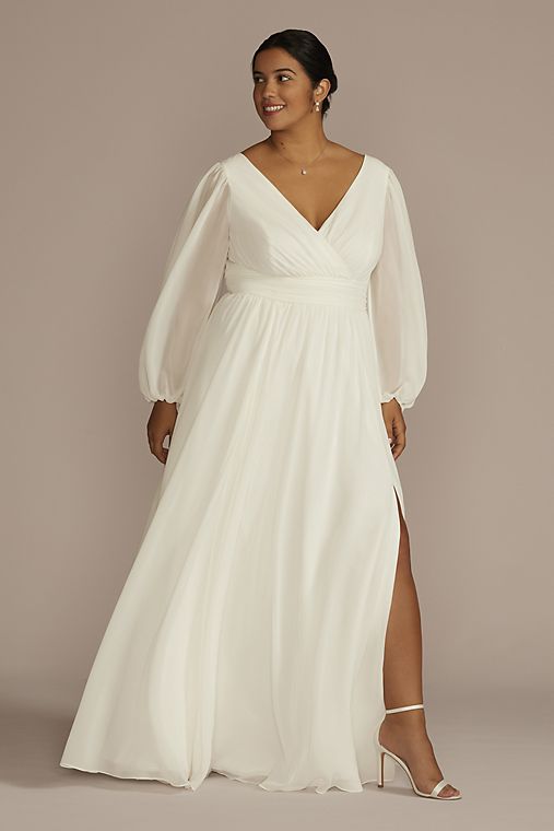 DB Studio Long Billow Sleeve Chiffon A-Line Wedding Dress