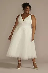 DB Studio Tea-Length Plunging Neckline Lace Wedding Dress