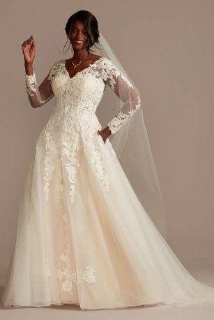 Lace and Tulle Long Sleeve Ball Gown ...