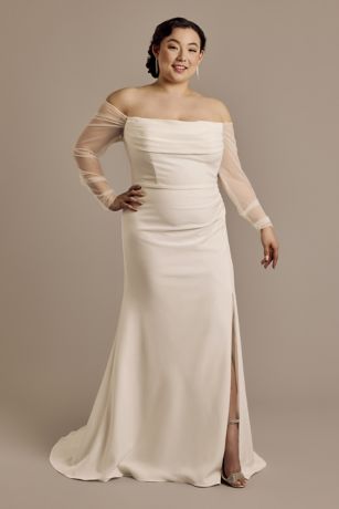 DB Studio Stretch Crepe Cowl Long-Sleeve Wedding Dress in Soft White Size: 24W David's Bridal