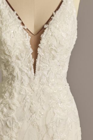 Galina Signature Beaded Plunging Tank Mermaid Wedding Dress in Solid Ivory/Cocoa Size: 24W David's Bridal