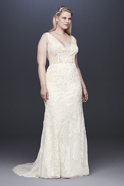 Galina Signature Illusion Lace Plunge Bodice Petite Wedding Dress