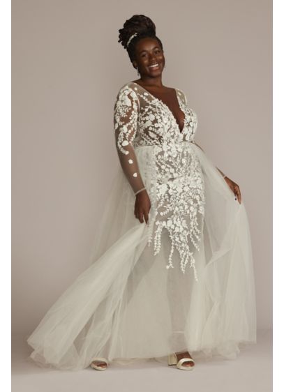Floral Illusion Plus Size Bodysuit Wedding Dress - Bold and beautiful, this wedding dress creates an