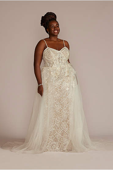 Lace Sheath Plus Size Wedding Gown with Overskirt