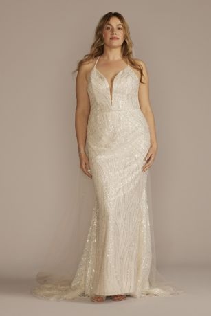 Cap Sleeve V-Neck Beaded Lace Sheath Wedding Dress | David's Bridal