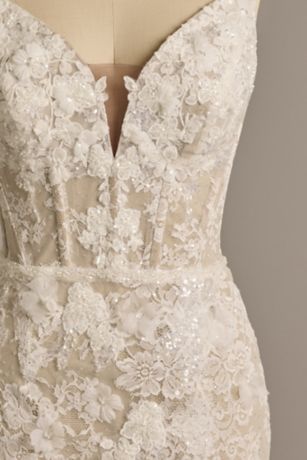 Galina Signature Corset Bodice Beaded Lace Sheath Wedding Dress in Ivory Bisque/Cocoa Size: 16W David's Bridal