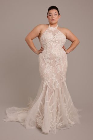 Picture of Beaded Lace High Neck Halter Mermaid Wedding Dress