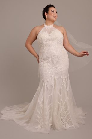 Galina Signature Beaded Lace High Neck Halter Mermaid Wedding Dress in Solid Ivory Size: 30W David's Bridal
