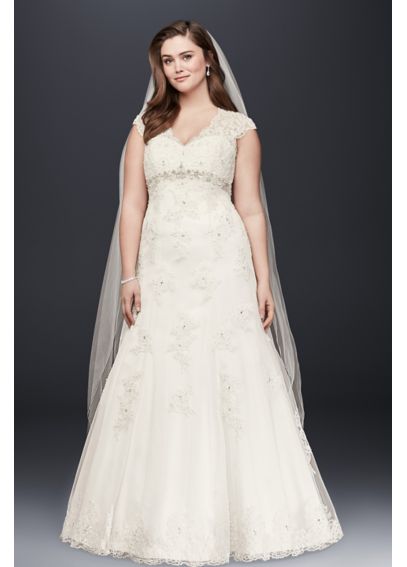 Cap Sleeve Lace Over Satin Plus Size Wedding Dress - Davids Bridal