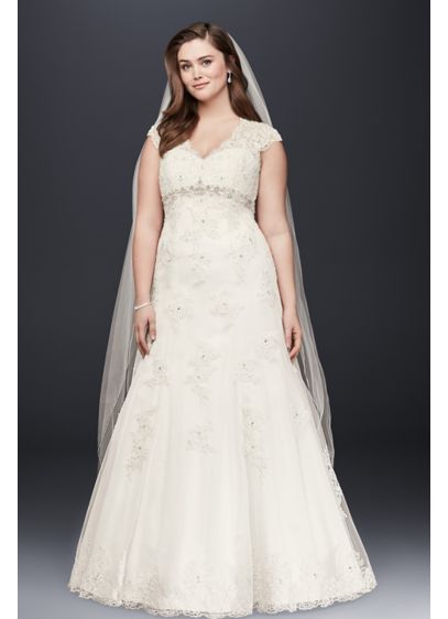 Cap Sleeve Lace Over Satin Plus Size Wedding Dress David Cap Sleeve Lace Over Satin Plus Size Wedding Dress David