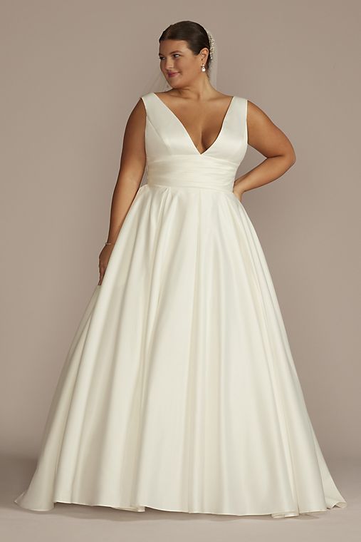 David's Bridal Collection Cummerbund Satin Ball Gown Wedding Dress