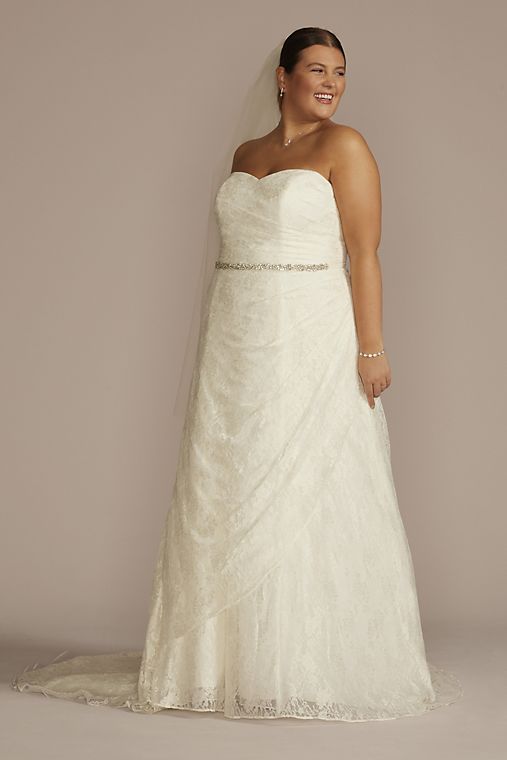 David's Bridal Allover Lace A-Line Strapless Wedding Dress