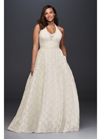 Plunging Lace Halter Plus Size Wedding Dress