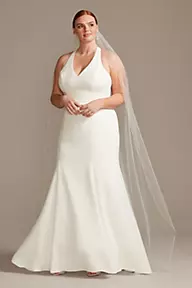 David's Bridal Collection Sheer Back Crepe Wedding Dress with Lace Train