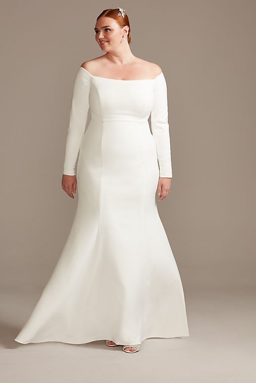 David's Bridal Collection Off-the-Shoulder Buttoned Back Crepe Wedding Dress