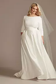 DB Studio Low Back Mid-Sleeve Crepe and Satin Wedding Dress