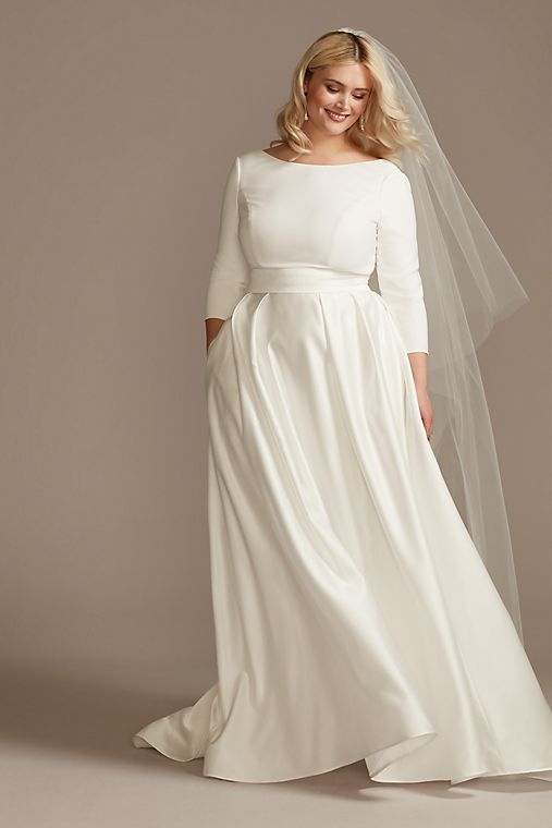DB Studio Low Back Mid-Sleeve Crepe and Satin Wedding Dress