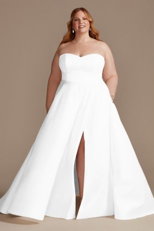 Dreamy Strapless Satin Wedding Dress Glittering Lace Detachable Overskirt Bridal Gown DP7038 main image 1