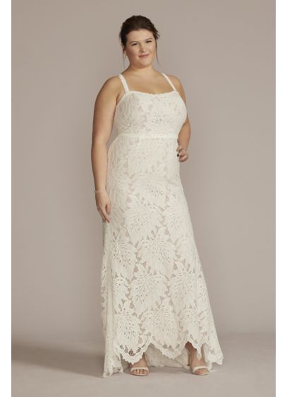 Floral Lace Halter Sheath Plus Size Wedding Gown - This full-length sheath's allover lace and keyhole back
