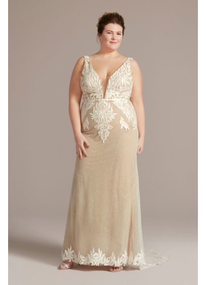 Illusion Plunge Lattice Skirt Plus Wedding Gown - A modern take on a bridal-fave, the lattice