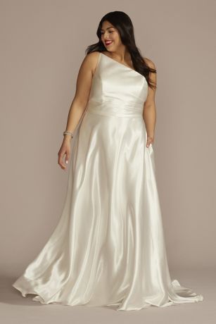 DB Studio One Shoulder Satin A-Line Wedding Dress in Soft White Size: 22W David's Bridal