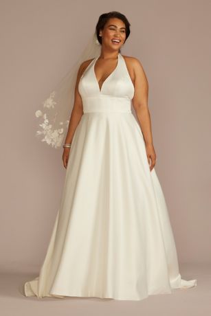 DB Studio Plunging Halter Satin A-Line Wedding Dress in Ivory Size: 22W David's Bridal