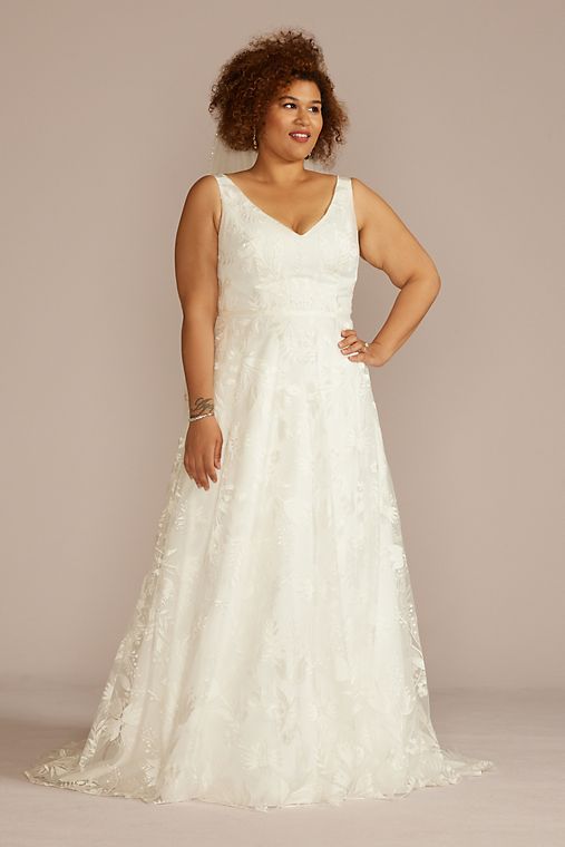 DB Studio V-Neck Embroidered Lace A-Line Wedding Dress