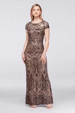 betsy and adam long sleeve sequin gown