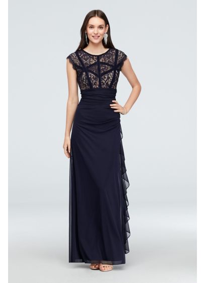 Velvet-Banded Lace and Chiffon Cap Sleeve Gown | David's Bridal