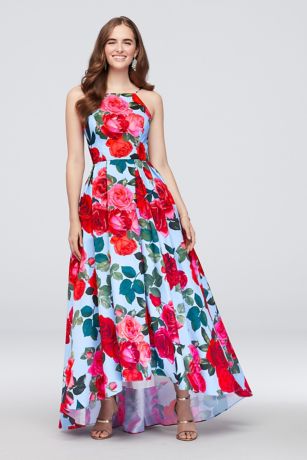 betsy and adam pleated floral gown