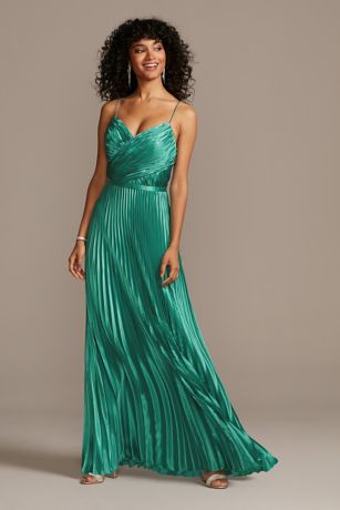 green satin pleated dress