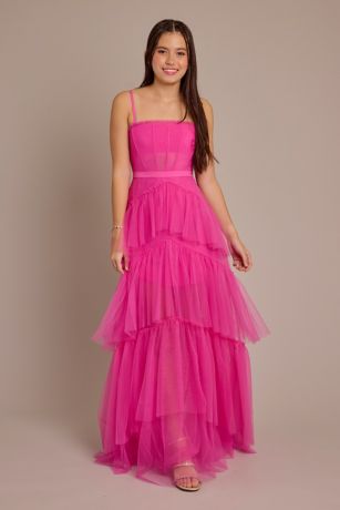 Betsy and Adam Tiered Mesh Corset Prom Dress in Hot Pink Size: 12 David's Bridal