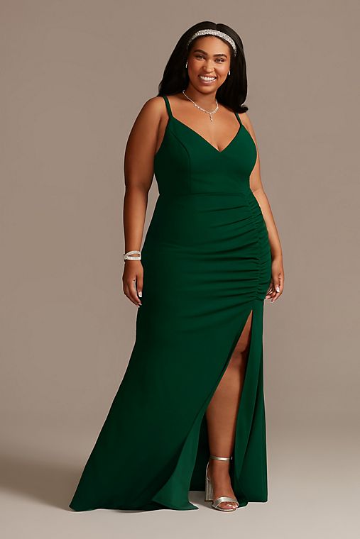 Emerald Sundae Crepe Spaghetti Strap Gown with Ruching