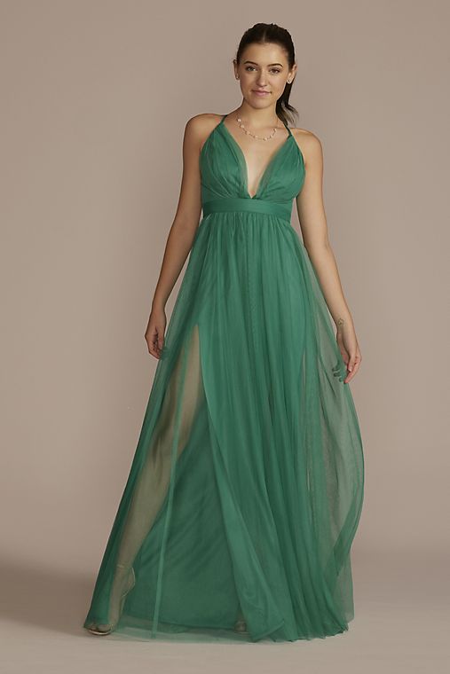 Emerald Sundae Tulle Dress with Plunge Neckline and Open Back