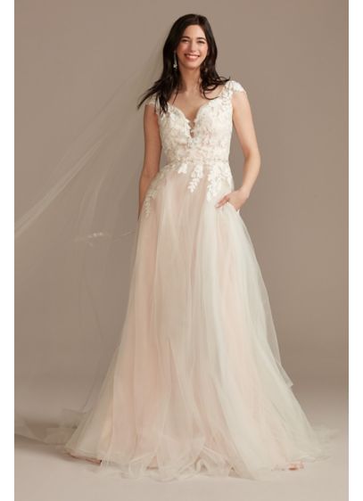 As Is Cap Sleeve Tulle Ball Gown Wedding - Beaded lace applique adorns the bodice of this