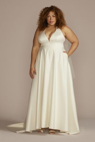 As Is Plunging Halter Satin A-Line Wedding Dress in Ivory Size: 22W David's Bridal