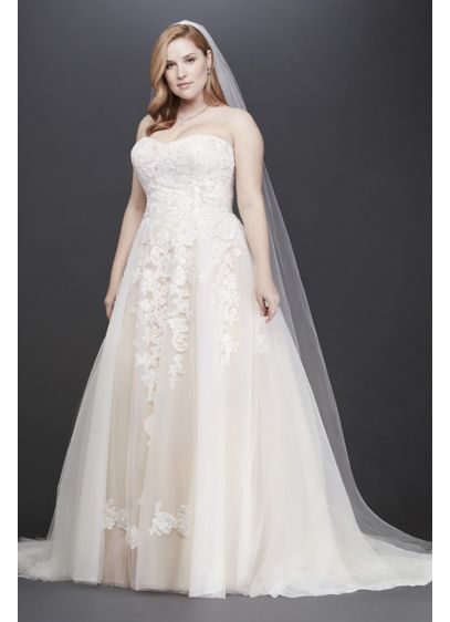 As-Is Sheer Lace and Tulle Plus Size Wedding - Delightfully alluring, the lace-appliqued, semi-sheer bodice of this