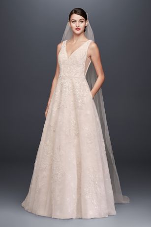 blush wedding dress with lace overlay